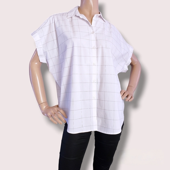 Soho Threads White Windowpane Checkered Boxy Oversized Blouse - Picture 3 of 9